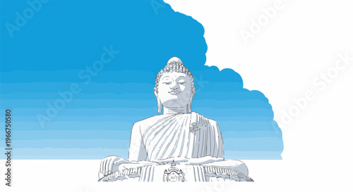Large white Buddha statue sits serenely against a vibrant blue sky with clouds