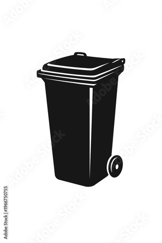 Black wheeled trash can vector icon for waste management, recycling, sanitation. Essential graphic symbolizing environmental responsibility, sustainable practices, efficient refuse disposal for a clea