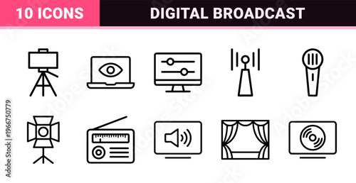 Live Streaming and Digital Broadcast Line Art: Minimalist Geometric Outline Symbols for Content Creation and Media Communication Interface