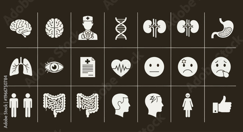 Medical Icons Set: Human Body Organs, Health Symbols, Doctor, DNA, Emotions