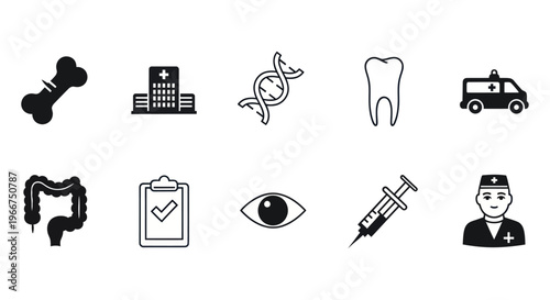 Medical Icons Set: Healthcare, Science, and Emergency Services Symbols