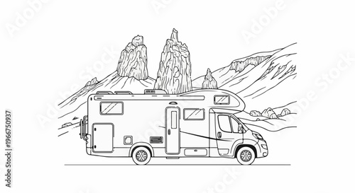 Line art of a recreational vehicle parked in a rocky mountainous landscape