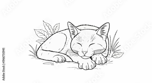 Line drawing of a sleeping cat with eyes closed, nestled among leaves and grass
