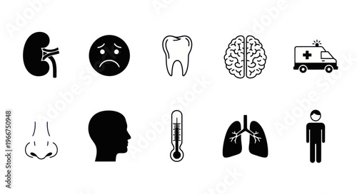 Medical Icons Set: Kidney, Sad Face, Tooth, Brain, Ambulance, Nose, Head, Thermometer, Lungs, Person