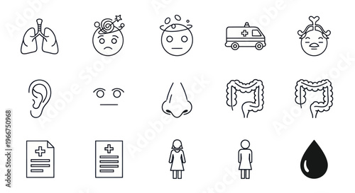 Medical Icons Set: Lungs, Brain, Face, Ambulance, Ear, Nose, Intestines, Doctor's Notes, Gender, Blood Drop