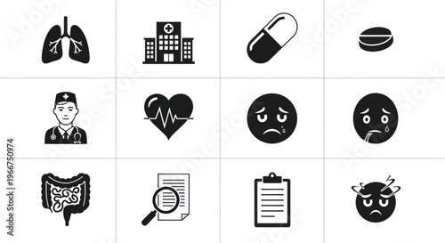 Medical Icons Set: Lungs, Hospital, Pills, Doctor, Heartbeat, Emotions, Organs