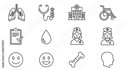 Medical Icons Set: Lungs, Stethoscope, Hospital, Wheelchair, Nurse, Blood Drop