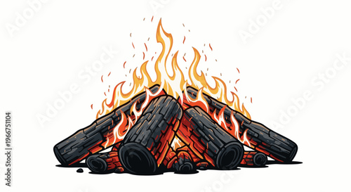 Illustration of a bonfire with logs ablaze and flickering flames