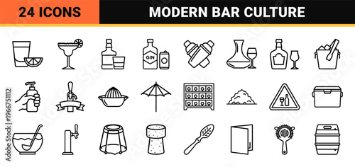 Alcoholic Beverages and Bar Service Minimalist Monoline Outline Icons for Professional Hospitality and Restaurant Menu Design