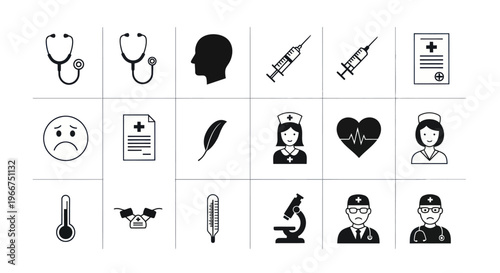 Medical Icons Set: Stethoscope, Syringe, Nurse, Doctor, Heartbeat, Microscope