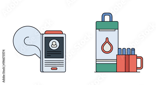 Mobile messaging and outdoor hydration icons: phone chat bubble, thermos, mug, pens