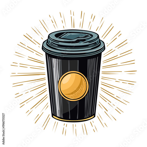 Black disposable coffee cup with sunburst rays for morning energy boost and urban commuter caffeine ritual service - Vector Illustration