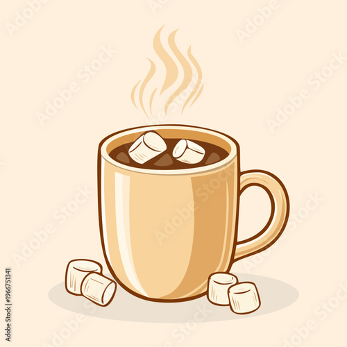 Tan coffee cup with floating marshmallows and steam for delicious seasonal beverage and warm holiday drink treat - Vector Illustration