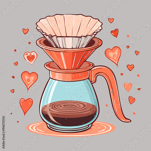 Glass carafe with red dripper and paper filter for slow brewing drip coffee and professional barista techniques - Vector Illustration