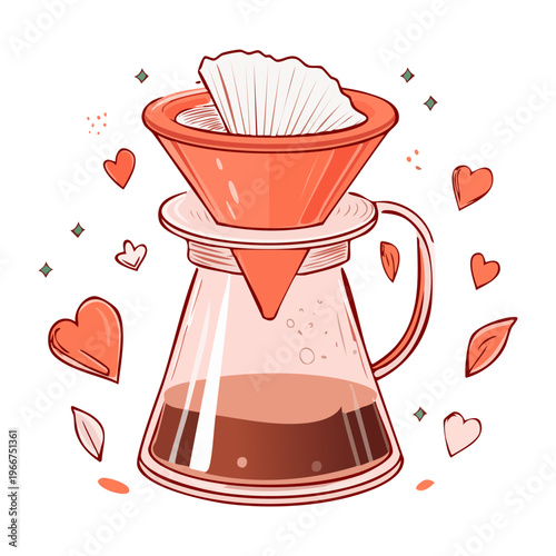 Heart patterned glass coffee dripper for romantic breakfast service and brewing specialty love themed morning caffeine drinks - Vector Illustration