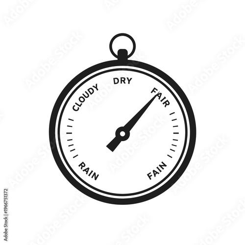 Classic B&W vector icon of an analog barometer, displaying a circular dial with a needle pointing to 'FAIR' weather. Gauge marks 'DRY', 'CLOUDY', 'RAIN', 'FAIN' for atmospheric pressure. Ideal for wea