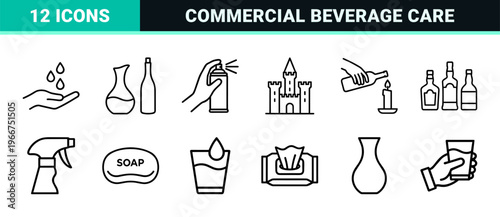 Hospitality and Sanitation Line Art: Minimalist Monoline Symbols for Beverage Service, Hygiene Maintenance, and Commercial Facility Care.