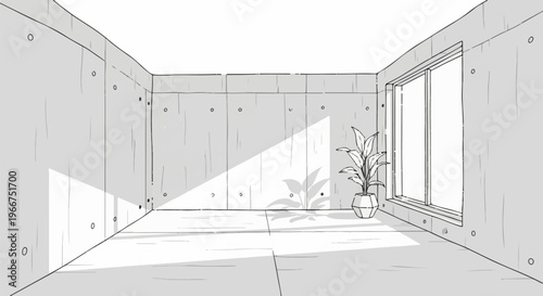 Minimalist concrete room with a potted plant and sunlight streaming through window