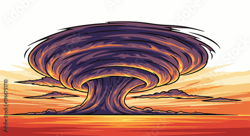 Pixel art tornado storm over a fiery sunset sea