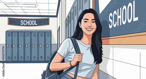 Smiling young woman with backpack walks down school hallway with lockers