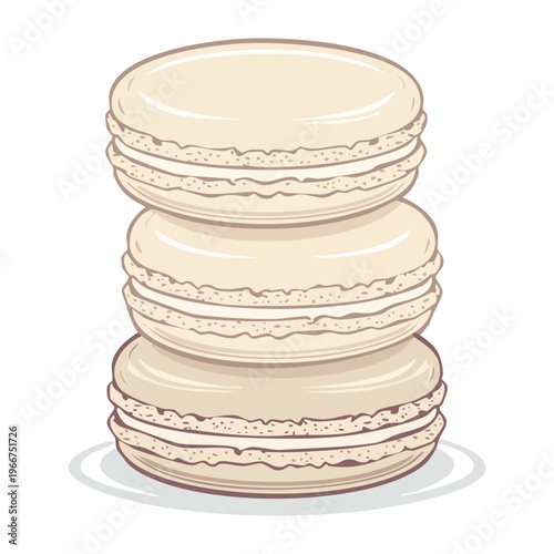 Three stacked light beige macarons for French pastry shop branding and sweet dessert treat for afternoon tea - Vector Illustration