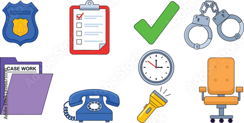 Law Enforcement and Police Icons Set Featuring Badge, Handcuffs, Phone, Checklist, Clock, and Case File for Crime Prevention and Investigation Concepts