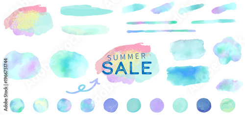 爽やかな水彩ブルーの夏のフレーム、バナー、アイコンセット　ベクターイラスト　手描き　水色　水彩のライン　グランジ　テクスチャー