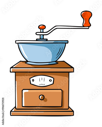 Classic wood and metal coffee mill for rustic home kitchen and artisan barista bean roasting preparation service - Vector Illustration