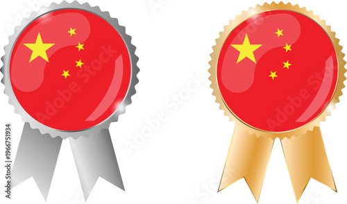 Two award rosette badges with China flag red and yellow stars, silver and gold ribbons, vector illustration concept for national events, celebrations and patriotic graphics
