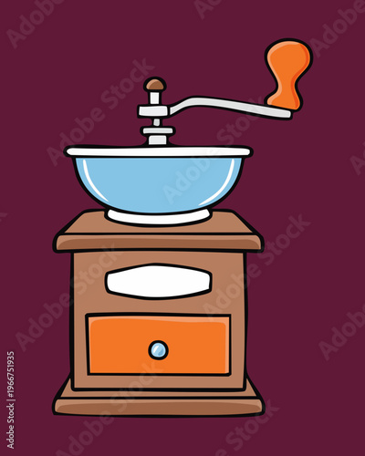 Antique style manual grinder for fresh coffee beans and decorative kitchen appliance for traditional morning beverage brewing - Vector Illustration