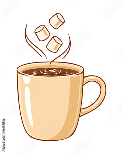 Tan coffee mug with marshmallows and steam for sweet winter drink and cozy fireplace relaxation at home - Vector Illustration