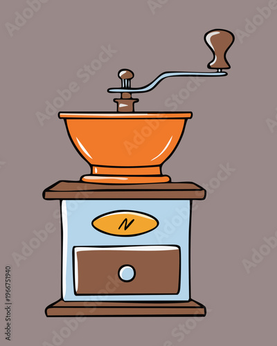 Vintage manual coffee mill for artisan bean grinding and rustic kitchen decoration for morning brewing ritual enthusiasts - Vector Illustration