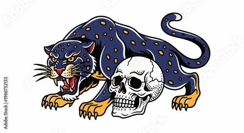 Fierce feline crouches over a human skull in this bold graphic
