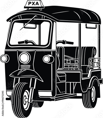 Black and white of a three-wheeled auto rickshaw taxi with P X A sign transportation vehicle