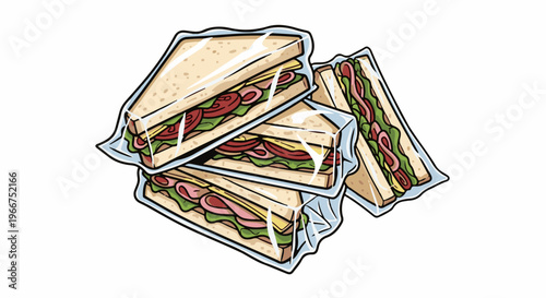 Stacked triangular sandwiches wrapped in clear plastic film