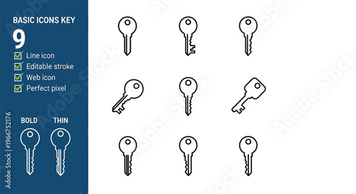 Nine editable line art key icons for web and app interfaces and digital security
