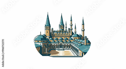 Detailed pixel art illustration of a grand imperial palace complex with domes and minarets