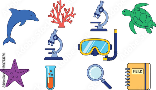 Marine Biology Icons Set Featuring Dolphin, Coral, Turtle, Microscope, Laboratory Equipment, and Diving Gear for Ocean Science and Research Concepts