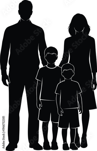 Black silhouette of a family of four with two boys in front of parents white