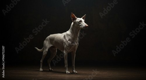 White Italian Greyhound Standing in Dramatic Dark Studio Lighting