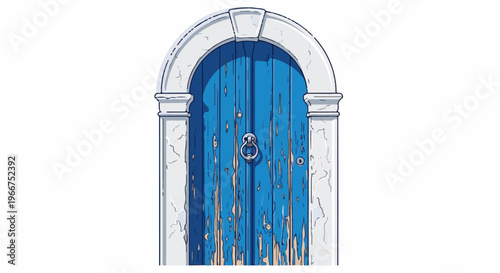 Old weathered blue door with arched stone frame and metal knocker