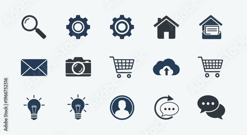 Set of flat icons for web and mobile UI design: search, gear, home, mail, camera, cart, cloud, lightbulb, user, refresh, chat
