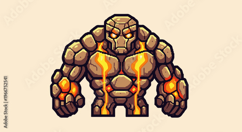 Pixelated stone creature with glowing lava veins and fiery eyes