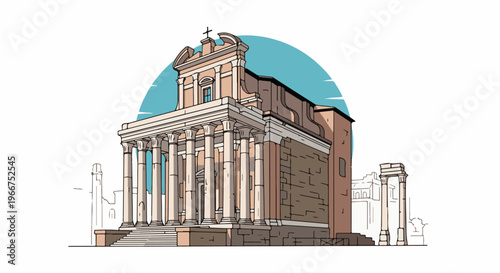 Stylized ancient temple with columns and ruins under a blue sky