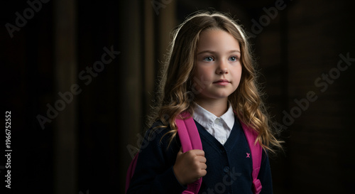 Young Girl with Blonde Hair Wearing School Uniform and Pink Backpack Standing Indoors