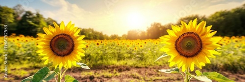 Vibrant Field of Sunflowers Under Bright Sunshine, Blooming Plants in a Picturesque Summer Landscape