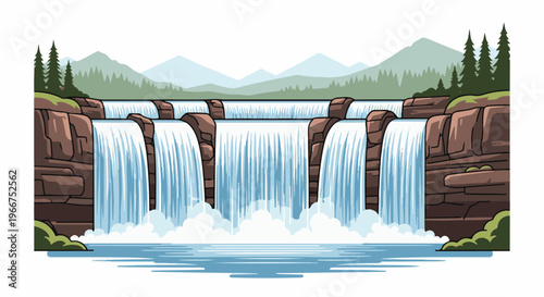 Pixelated waterfall cascades down rocky cliffs into a pool
