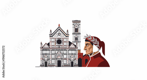 Stylized depiction of a Renaissance church and a poet crowned with laurel leaves