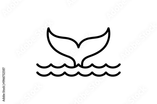 Tail whale diving into wavy ocean water, a simple black outline illustration for aquatic themes. featuring sea, marine life, underwater with dipping