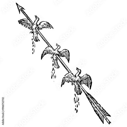 Birds Pierced by Spear, Heraldic Symbol of Sacrifice and Unity, Renaissance Engraving
